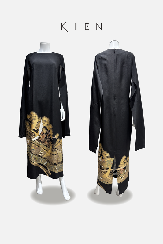 Raglan XL Black Kimono with Crane Flock, Auspicious Floral Design, Komagata Embroidery, Gold Leaf 4570191695393