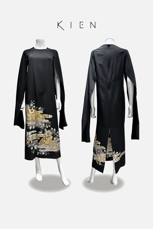 Raglan (for shorter heights) M Black formal kimono with auspicious floral pattern, shaded dyeing, gold leaf, and gold thread embroidery 4570191695072