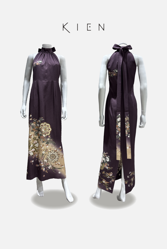 Halter neck, size M, purple, floral pattern (chrysanthemum), gold thread, gold embroidery [4570191694839]