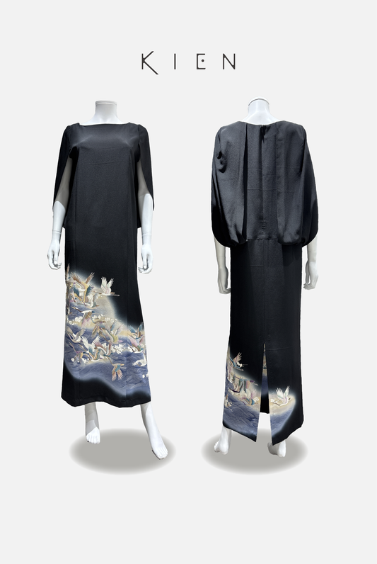 Cocoon Dress (Black Kimono) with Wave and Flying Crane and Plum Blossom Pattern, Gradation Dye, Gold Leaf [4570191692156]