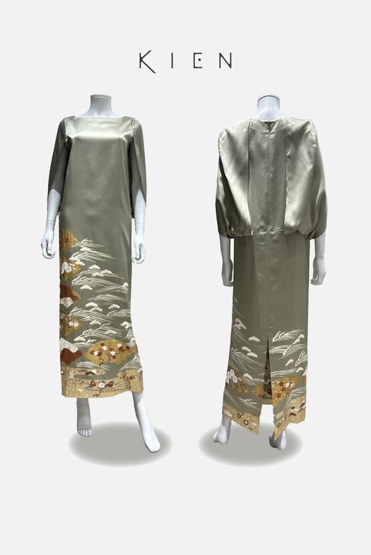 Cocoon M, gray-green, fan design featuring plum blossoms, chrysanthemums, cherry blossoms, and waves, with gold thread and gold leaf accents [4570191700783]