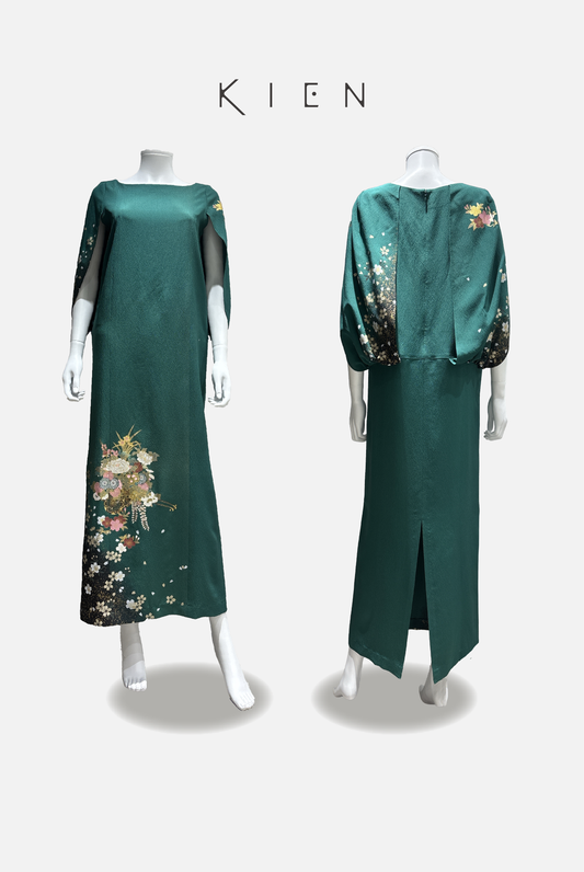 Cocoon M, Green, Floral Cart Pattern, Peony, Chrysanthemum, Gradation Dye, Gold and Silver Accents [4570191695003]
