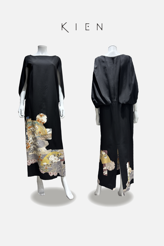 Cocoon XL Black Kimono with Snowflake and Floral Pattern, Komagata Embroidery, Gold Leaf [4570191695201]