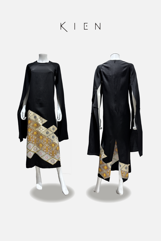 Raglan (for shorter people) M size, black formal kimono with embroidered diamond-shaped floral arabesque pattern [4570191694945]