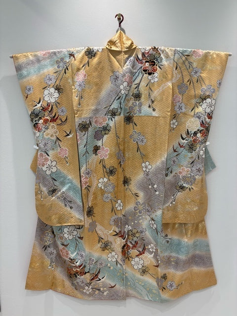 薄オレンジ　水色　グレー　梅 鶴 金糸 金銀彩［4570191712908］