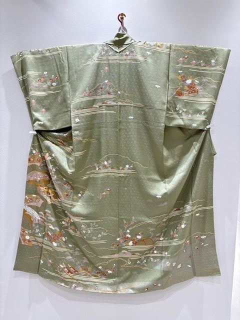 訪問着 灰緑 扇 松竹梅 金糸 金彩［4570191714018］
