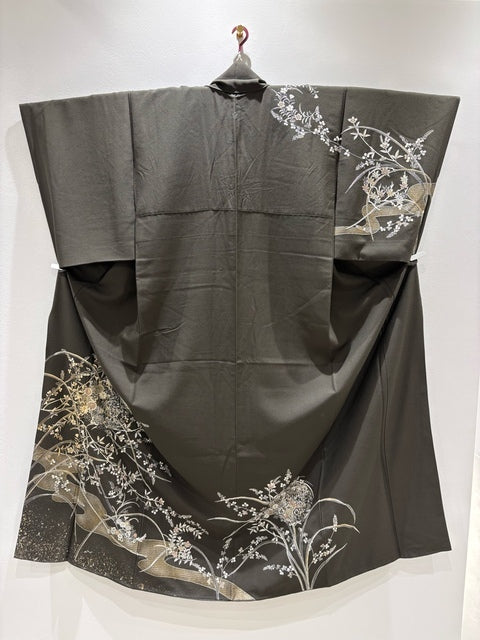 訪問着 茶緑色 濃茶 花丸文 霞 刺繍 金銀彩［4570191714773］