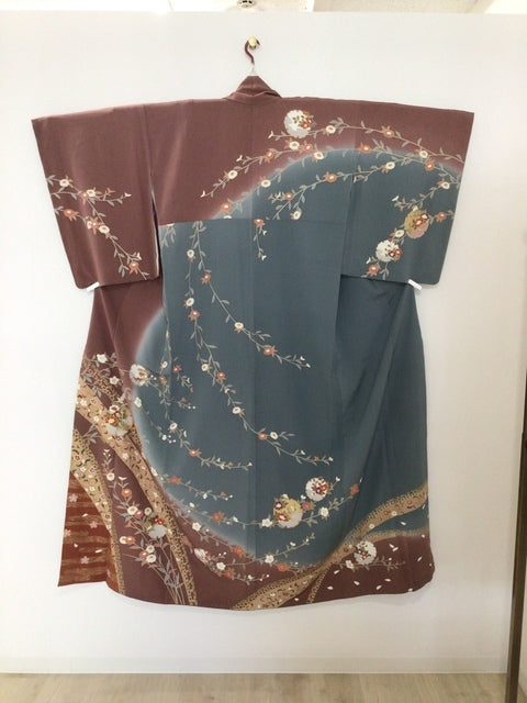 訪問着　小豆色　雪輪　草花　金糸　金彩［4570191712090］