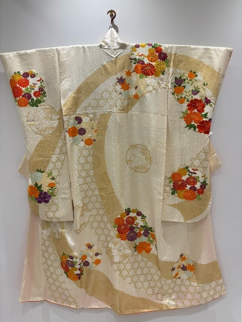 白　ベージュ　花丸文 牡丹 刺繍 金糸［4570191713301］