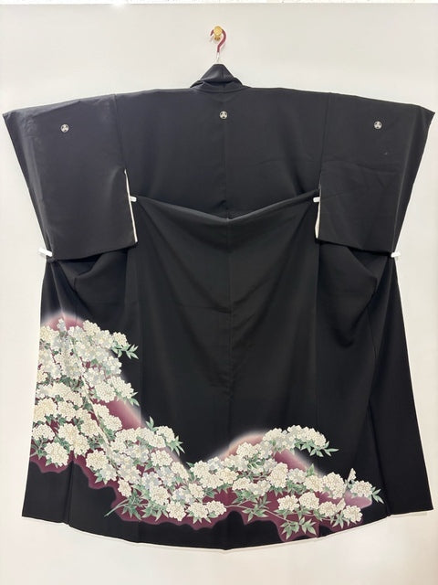 Black formal kimono with hydrangea pattern, purple and green [4570191711413]