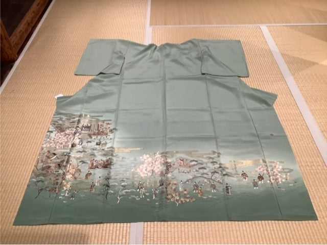 色留　ライトグレーグリーングラデ　神殿造俯瞰絵　平安貴族　刺繍　