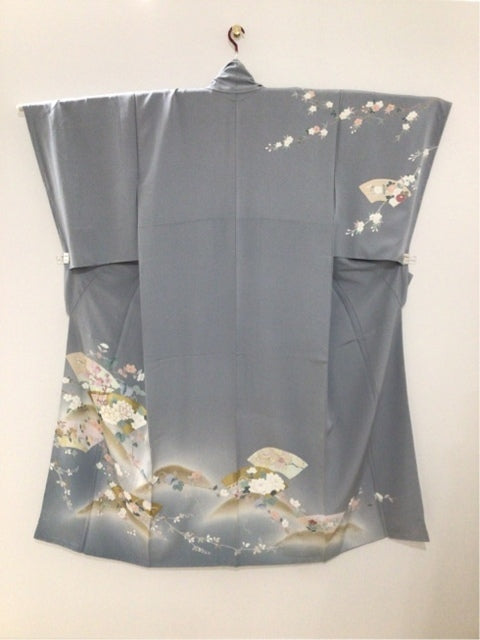 青灰色　扇面 牡丹　梅　金糸 金彩［4570191710652］