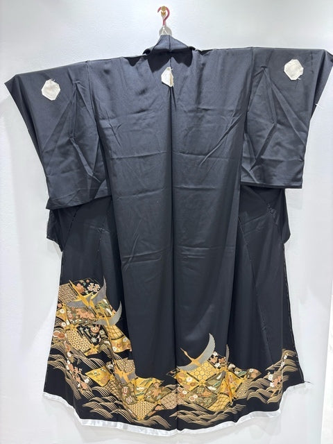 黒留　仮絵羽　飛鶴吉祥花文　駒刺繍　金彩［4570191712991］