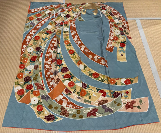 Furisode (long-sleeved kimono) - Blue-gray with Noshi (decorative paper strips), seasonal flowers, gold leaf, and gold embroidery [4570191657704]