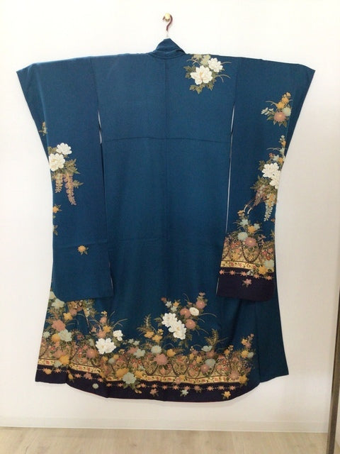 Long-sleeved kimono, indigo, flower carriage, flowers, gold color [4570191712113]