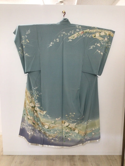 訪問着　青灰色　熨斗　草花　金糸　金彩［4570191712083］