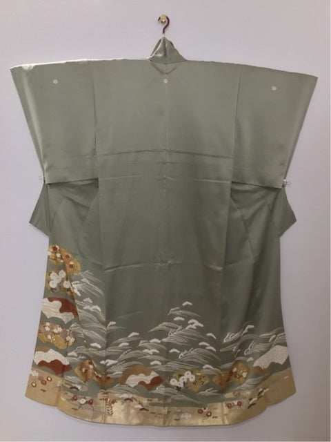 灰緑 扇面 梅 菊 桜 波 金糸 金彩［4570191710829］