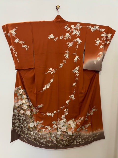 訪問着 オレンジ 橙 牡丹 菊 金糸 金彩 ［4570191712502］
