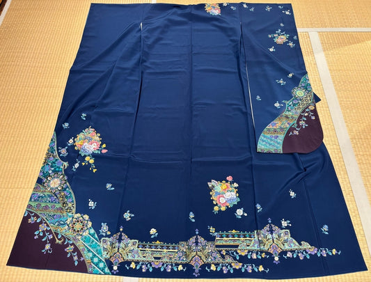 Navy blue furisode kimono with floral and butterfly embroidery and gold accents [4570191656530]