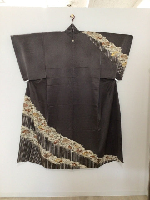 訪問着　灰茶　扇　竹　金糸　金彩［4570191712199］