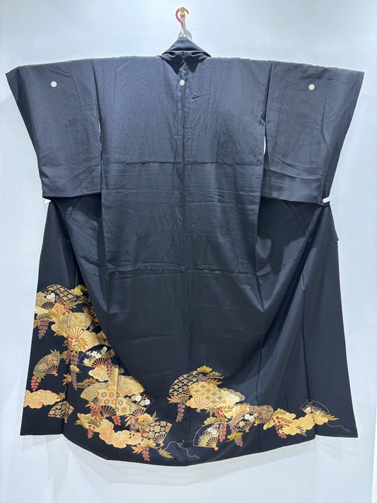 黒留　扇面花文　駒刺繍　金彩［4570191719341］