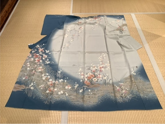 訪問着　ダルブルー　ライトグレー　枝垂れ桜　梅　椿　菊　水仙　流水　鳥