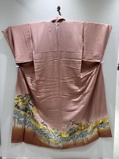 色留 ピンク 牡丹松梅 寿光織 暈し染め 金糸 ロング丈［4570191713028］