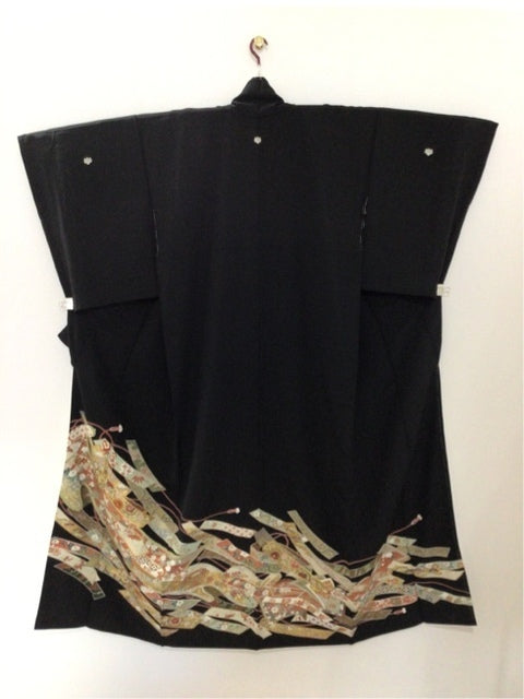 Black formal kimono with auspicious floral pattern and embroidered horse design 4570191654536
