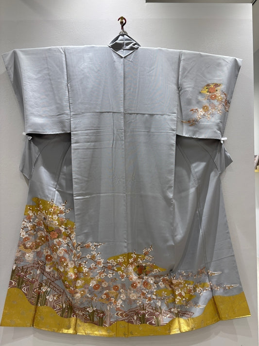 プレミアム　灰色　扇面　草花　金糸　金彩［4570191716630］