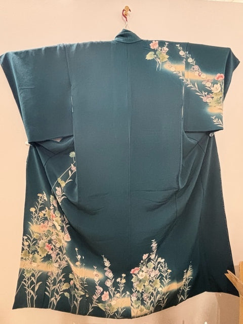 訪問着 青緑 縮緬 草花 霞 ぼかし［4570191713097］