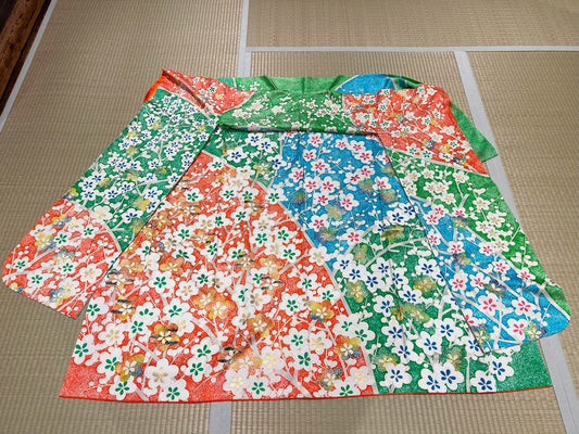 Furisode (long-sleeved kimono) in orange, green, blue, and plum blossom colors [4570191650026]