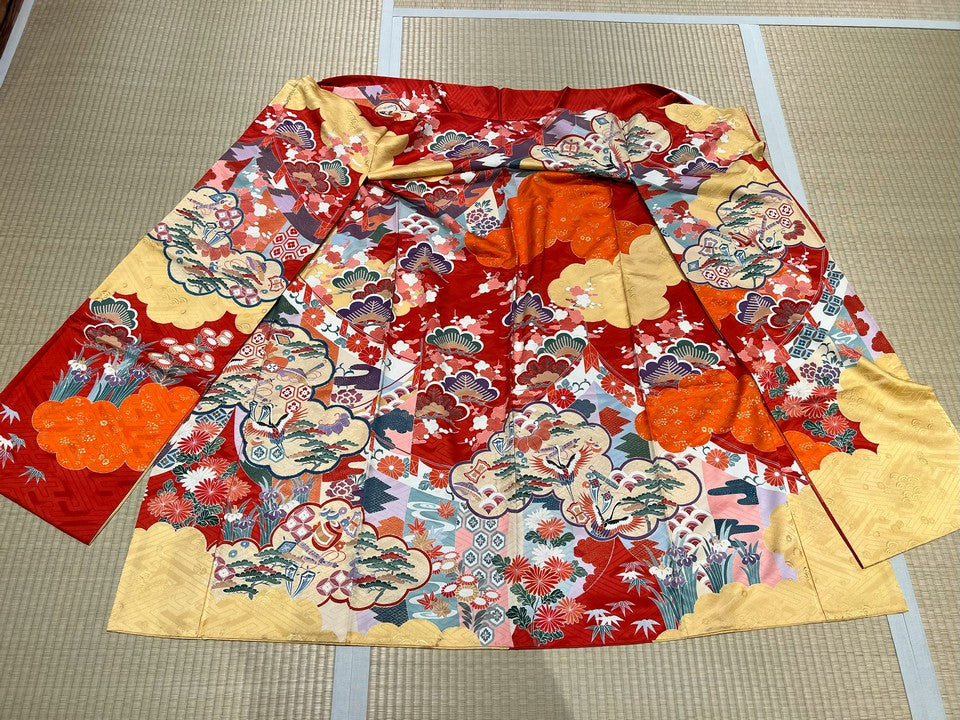 振袖　朱赤　黄色　鶴　吉祥文様　雲 [4570191650323]