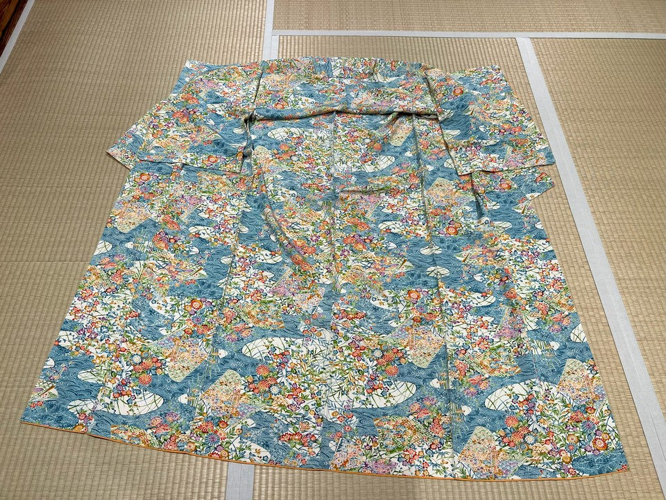 小紋　扇　花　流水　白地　青 [4570191650354]