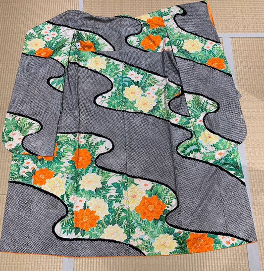 Green and black tie-dye fabric with peony and flowing water pattern [4570191651146]