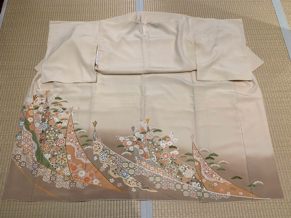 クリーム、ベージュ、花、松、亀甲文様、金駒 [4570191653072]