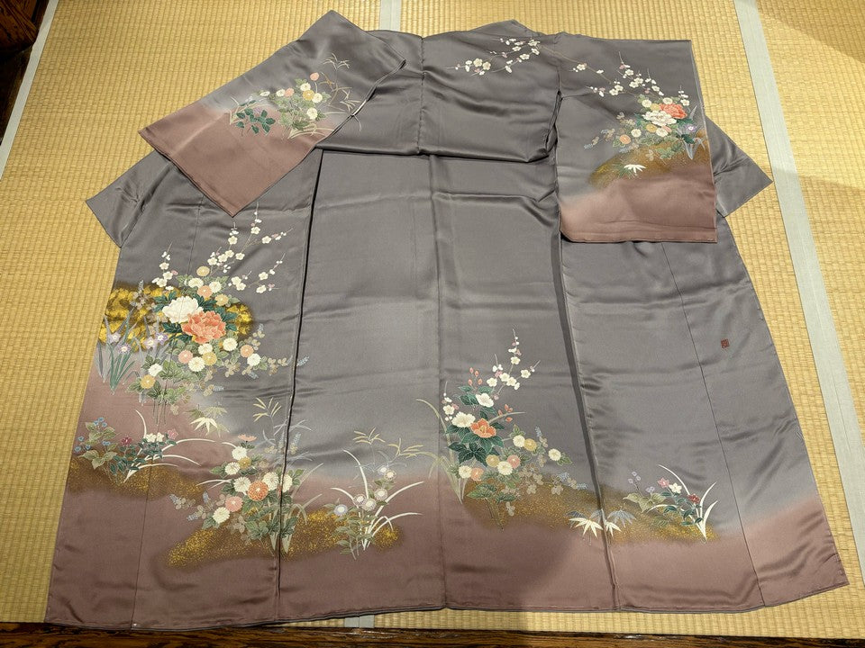 薄紫、グレー、牡丹、菊、金、花柄 [4570191653355]