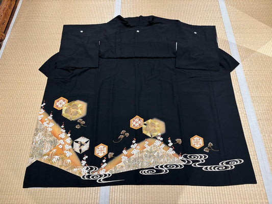 鶴、梅、亀甲文様、金 [4570191653454]