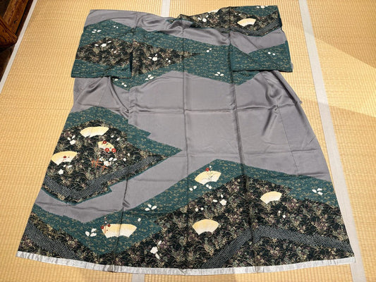 グレー、緑、扇、草花 [4570191653515]