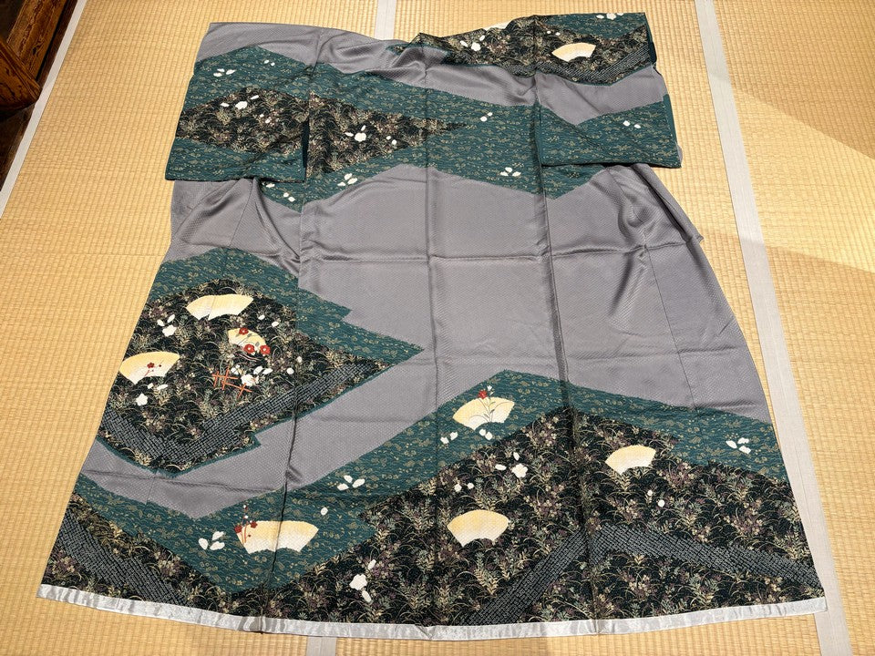 グレー、緑、扇、草花 [4570191653515]