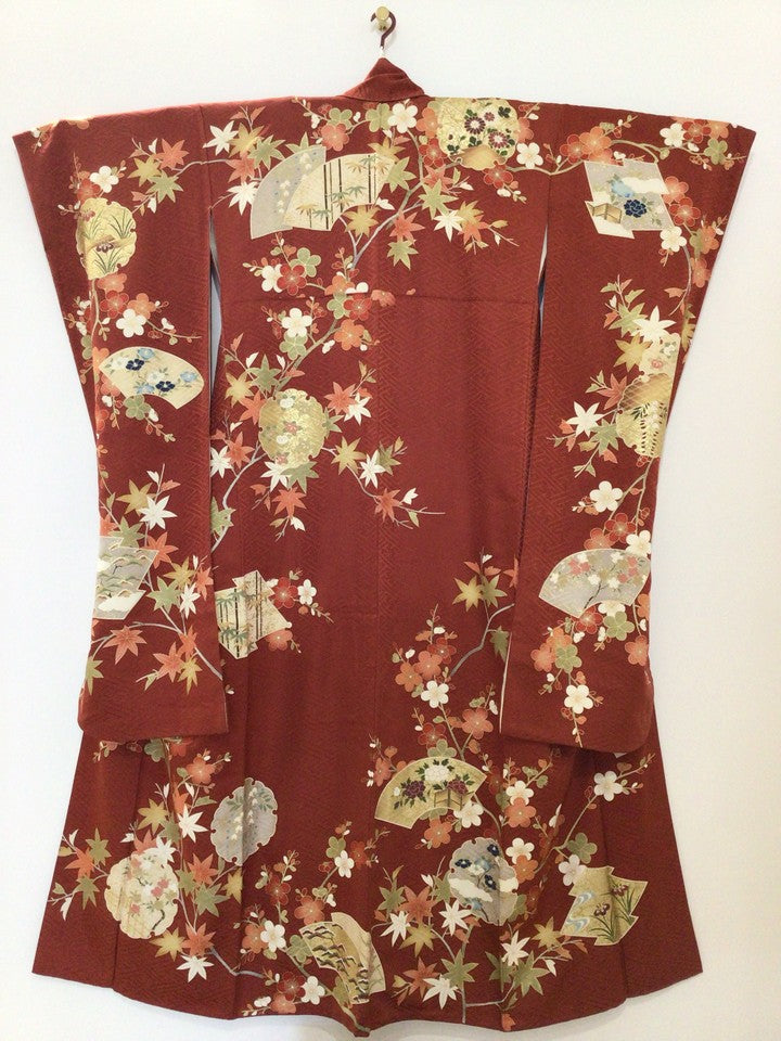振袖　臙脂色　扇　唐花文　紅葉　梅 [4570191655410]