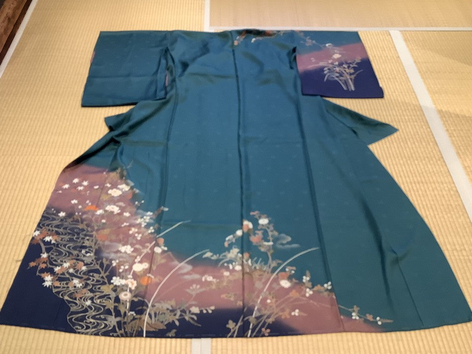 訪問着　深緑　小豆　紺　草花　流水 [4570191658824]