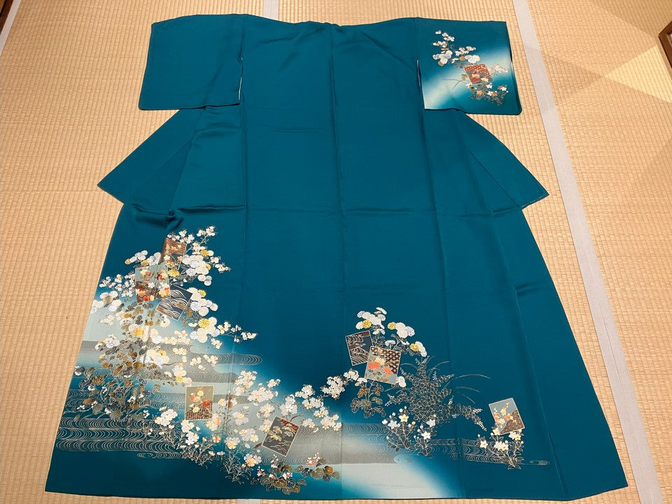 訪問着　青緑　札　花 [4570191658862]