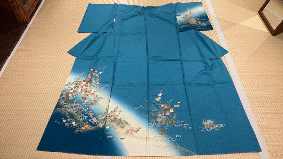 訪問着　ブルーグリーン　青緑　橘　杜若　水辺 [4570191659005]